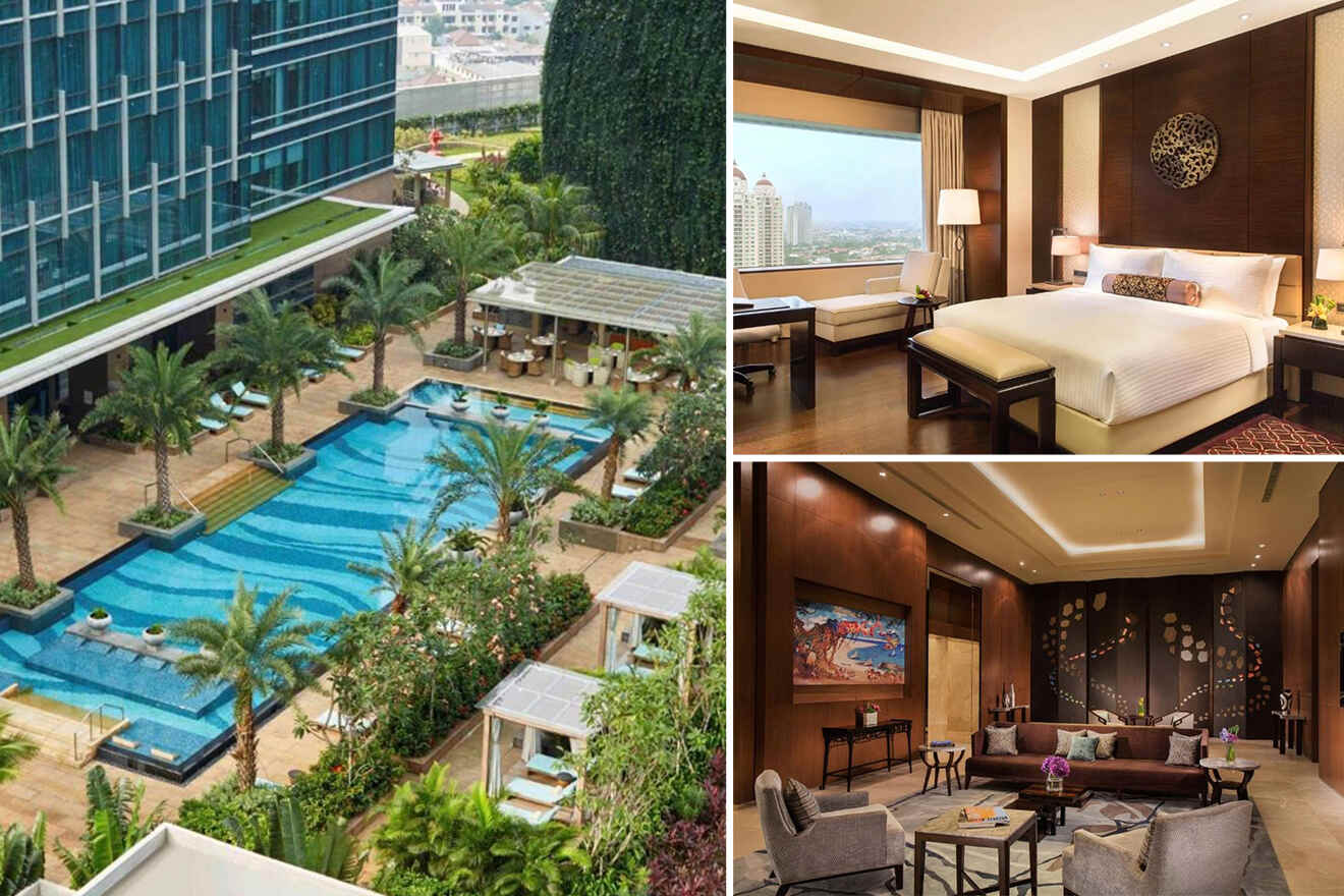 Collage showing a luxury hotel with an outdoor pool, a spacious bedroom, and a cozy lounge area