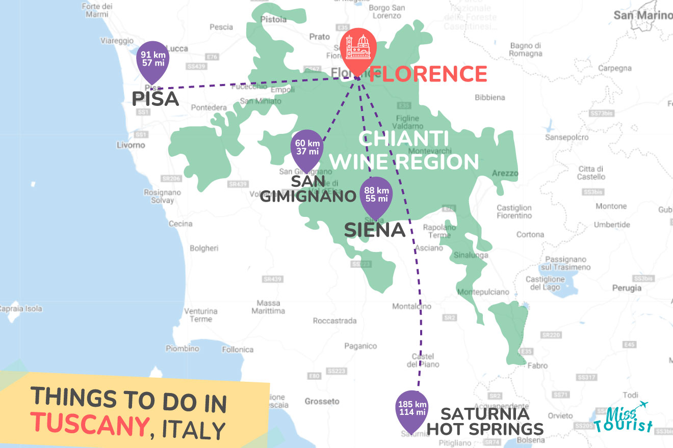 A map showing the location of all the best things to do in Tuscany