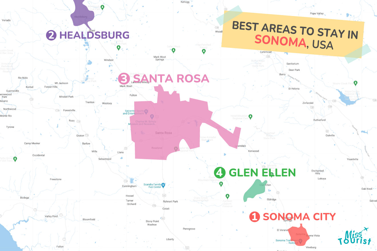 Map of best places to stay Sonoma