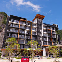 Modern resort building with a contemporary design and large windows
