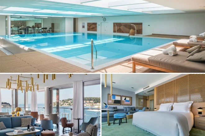 Collage of 3 pics of luxury hotel: a modern indoor swimming pool, a dining area with ocean views, and a spacious bedroom with a large bed and minimalist decor.