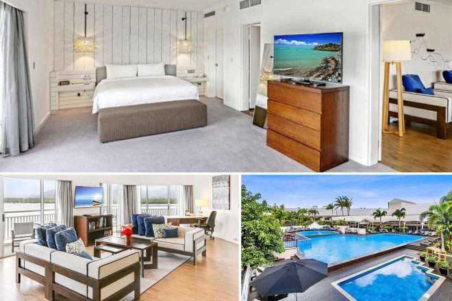 Collage featuring the Shangri-La The Marina: a high-end hotel room with a modern aesthetic, featuring a minimalist bedroom with pendant lights, a sleek living area with scenic window views, and a refreshing outdoor pool with lounge chairs and umbrellas