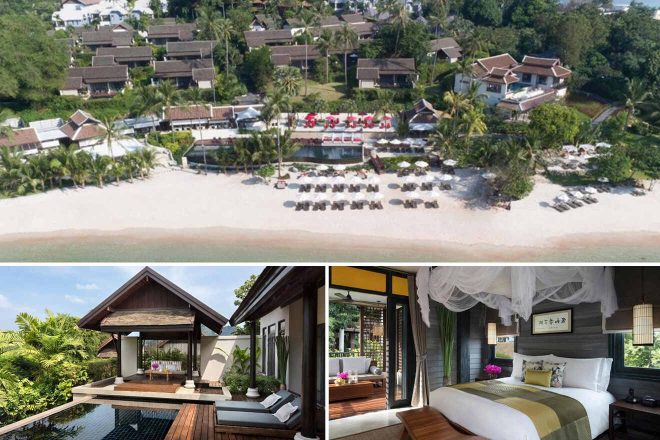 Collage of 3 pics of hotel in Koh Samui: Aerial view of a beachfront resort with bungalows, outdoor pool, sun loungers on the beach; lower images show a private terrace with a sunbed and a villa bedroom with a canopy bed.