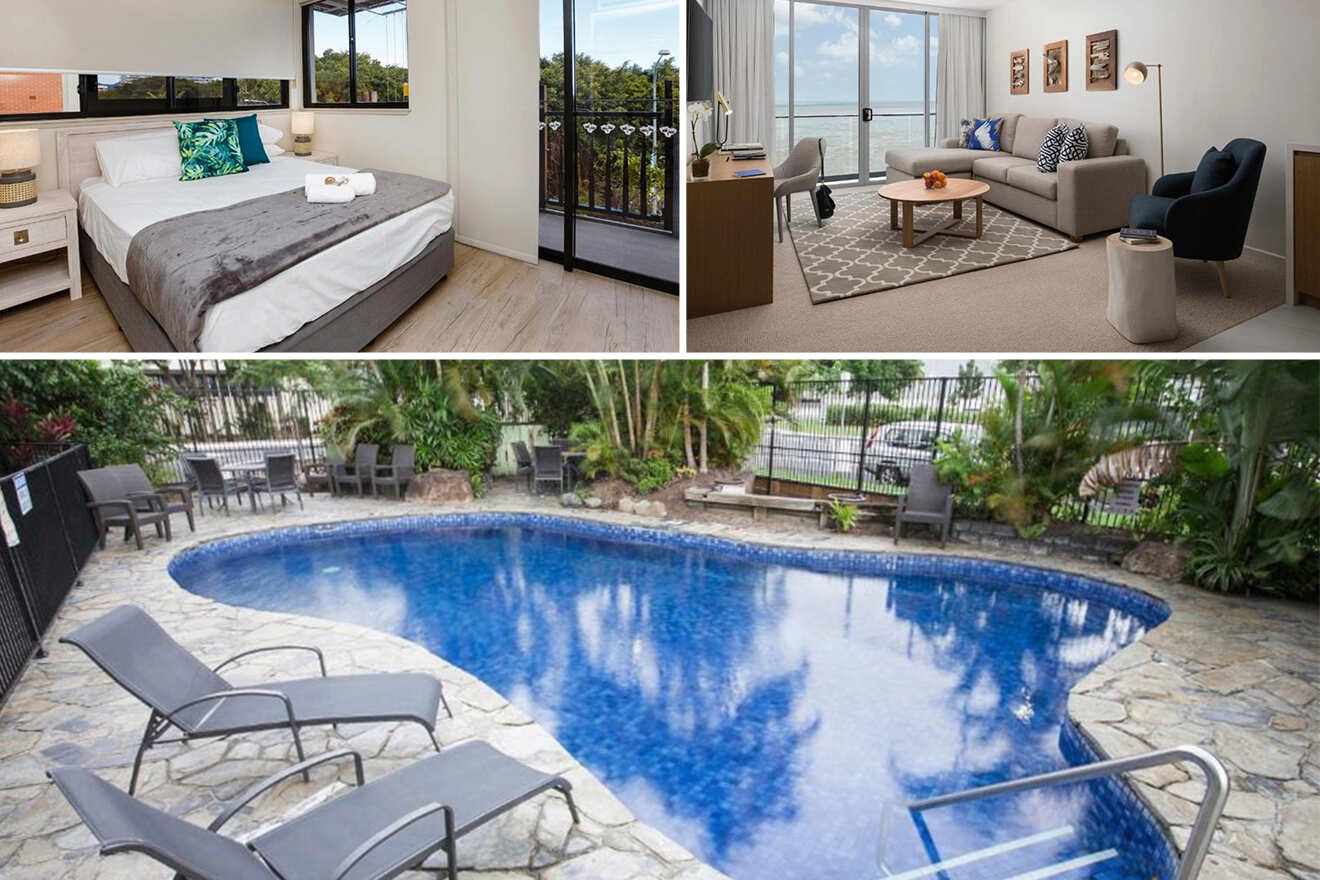 Collage featuring hotels in Cairns Esplanade: a chic bedroom with balcony access and ocean view, a living area with plush sofas and work desk, and an inviting bean-shaped pool surrounded by a stone deck and tropical plants