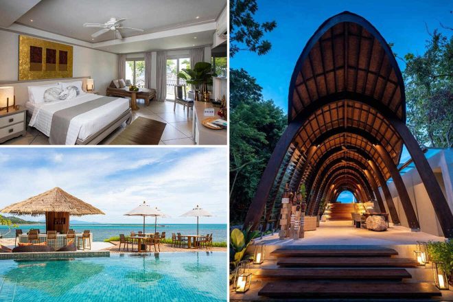 Collage of 3 pics of hotel in Koh Samui: a modern bedroom, an outdoor pool with a thatched-roof terrace and lounge chairs, and an archway entrance surrounded by greenery at a tropical resort during the daytime and evening.