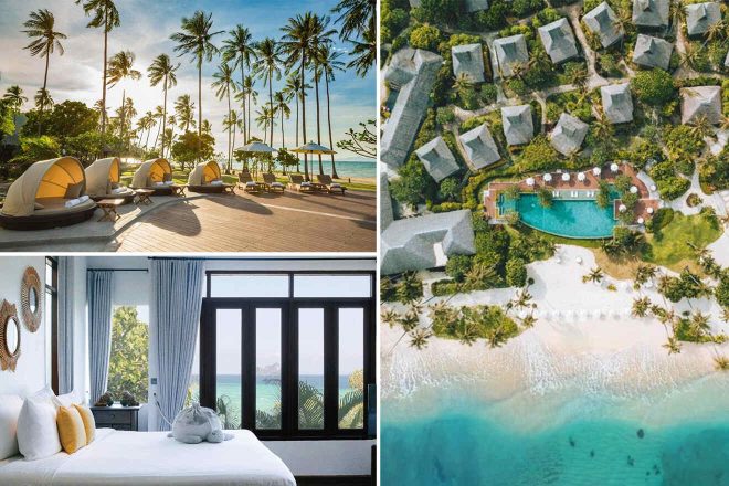 A collage of three hotel photos to stay in Krabi: a beachside resort with unique pod-like loungers under palm trees, a top-down view of snug villas tucked in lush greenery around a curvy pool, and a room with an ocean view through full-length windows
