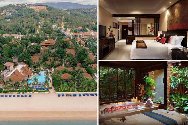 Collage of 3 pics of hotel in Koh Samui: a beachfront resort with a pool, a well-decorated bedroom, and a serene spa room with candles and towels near a lushly planted window.