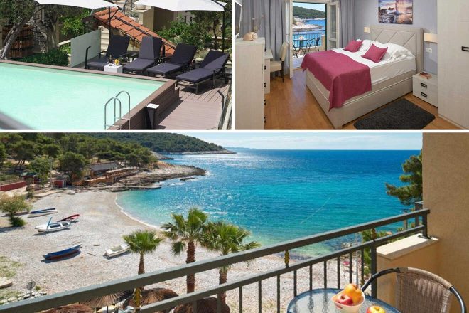 Collage of 3 pics of luxury hotel: a poolside area with loungers and umbrellas, a bedroom with pink accents and a balcony, and a beach view from a balcony with a table and chairs.