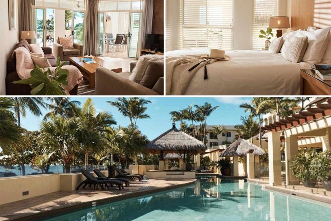 Collage featuring the Sea Change Beachfront Apartments: a warm and cozy living space with sofa and balcony overlooking the sea, a serene bedroom bathed in natural light with subtle decor, and a tranquil poolside with thatched umbrellas and lush palm trees, illustrating a tropical paradise