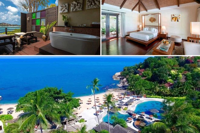 Collage of 3 pics of hotel in Koh Samui: A luxurious resort with beachfront views, featuring an upscale outdoor bathroom, a spacious bedroom with wooden decor, and a picturesque aerial view of the pool area and beach surrounded by greenery.