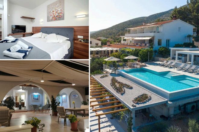 Collage of 3 pics of luxury hotel: a hotel room with twin beds, a lounge area with arches and flowers, and an outdoor patio with a swimming pool overlooking a hillside.