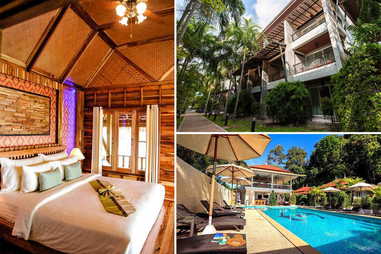 A collage of three hotel photos to stay in Krabi: a rustic-style bedroom with traditional bamboo walls and a peaked ceiling, a classic resort pathway lined with palm trees and multi-story buildings, and a tranquil pool area with sun loungers and a parasol offering a relaxing outdoor experience