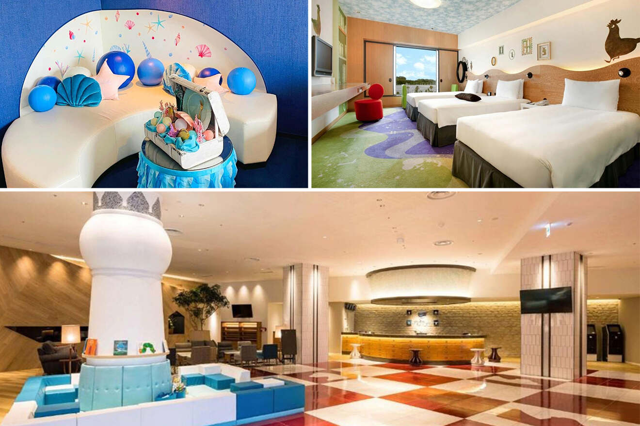 A collage of themed hotel rooms, including a whimsical underwater-inspired play area, a comfortable twin bedroom with quirky animal decorations, a stylish lobby with a giant chess piece, and a sleek reception desk.