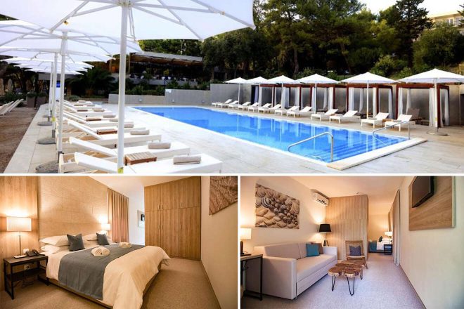 Collage of 3 pics of luxury hotel: a resort with an outdoor pool area featuring lounge chairs and umbrellas, a cozy bedroom with a large bed, and a sitting area with a sofa and a table.