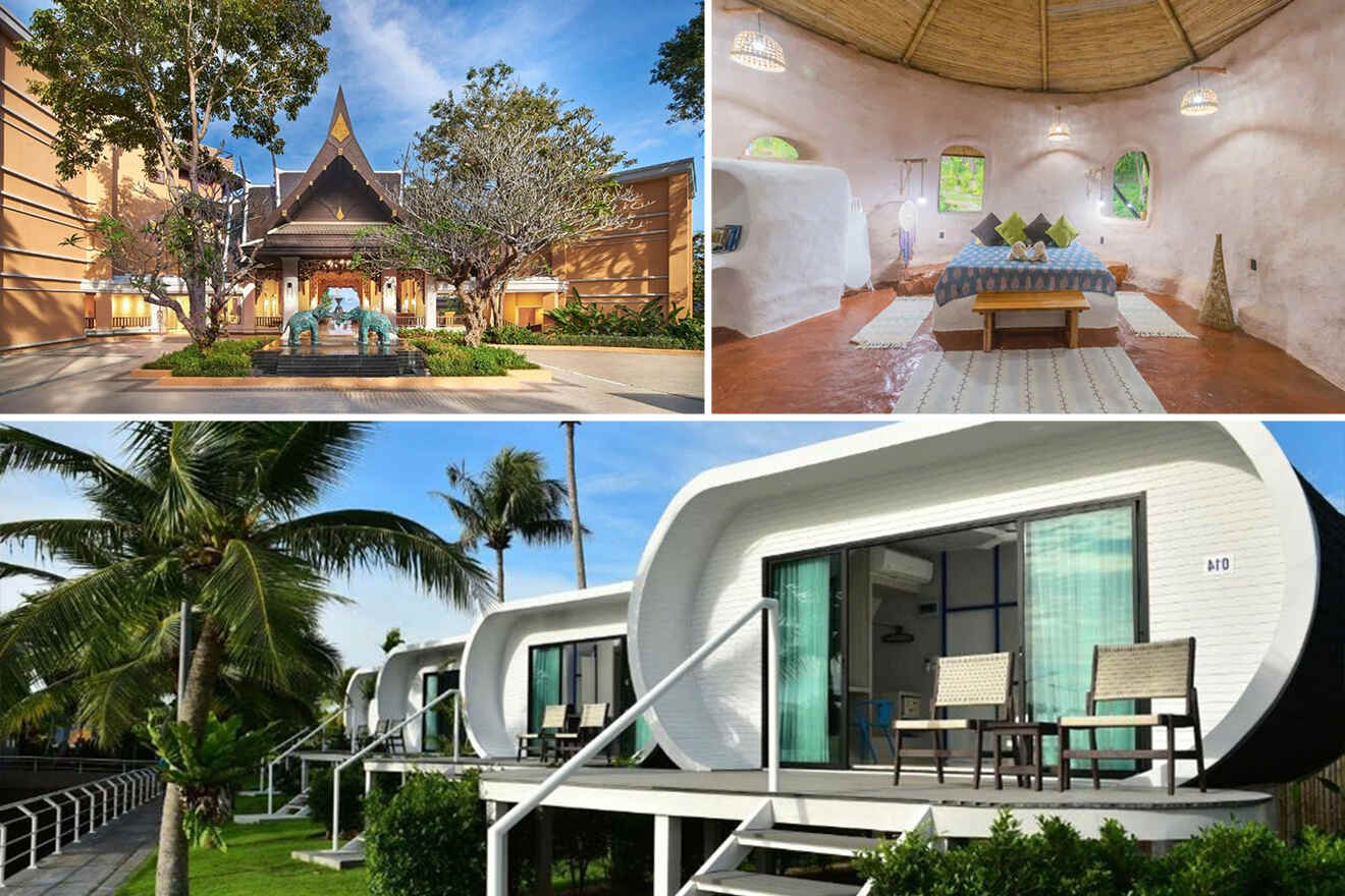 A collage of three hotel photos to stay in Krabi: an intimate wooden bedroom with traditional decor and high ceilings, a grand resort entrance with distinctive Thai architecture and lush palm trees, and a distinctive white dome-like bungalow with modern furniture on a raised platform among green surroundings