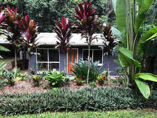 Charming garden cottage surrounded by lush tropical vegetation and vibrant red foliage plants.