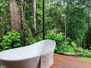 Outdoor freestanding bathtub on a wooden deck amidst a serene rainforest setting for a relaxing nature bath experience