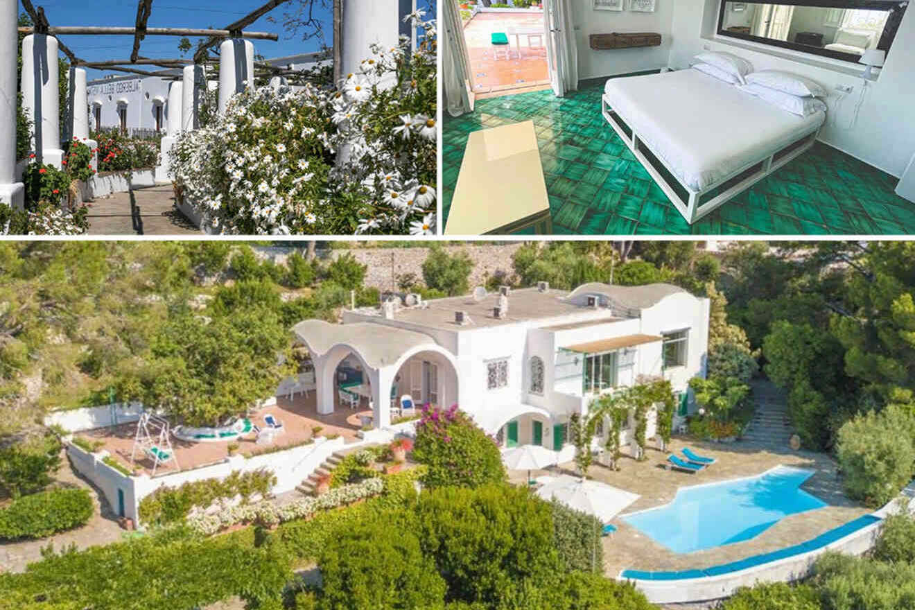 Collage with images showing hotels with a view: an outdoor pool set among greenery, a flowering pergola, and a bedroom with a double bed and green-tiled floor.