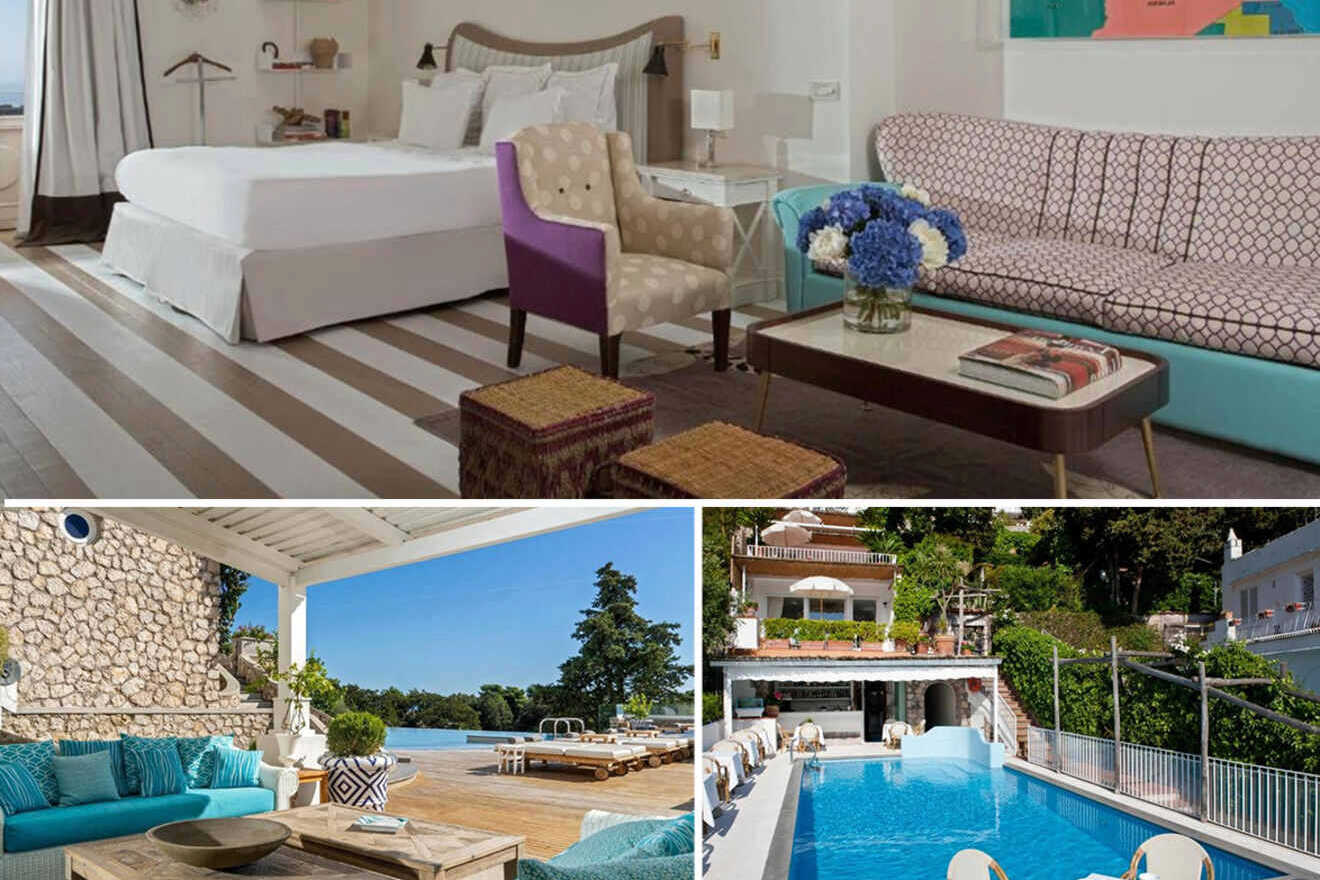 A collage showing a hotels pictures: suite with a bed, armchairs, and a couch (top), an outdoor patio with sofas and a pool (bottom left), and another pool area with lounge chairs (bottom right).