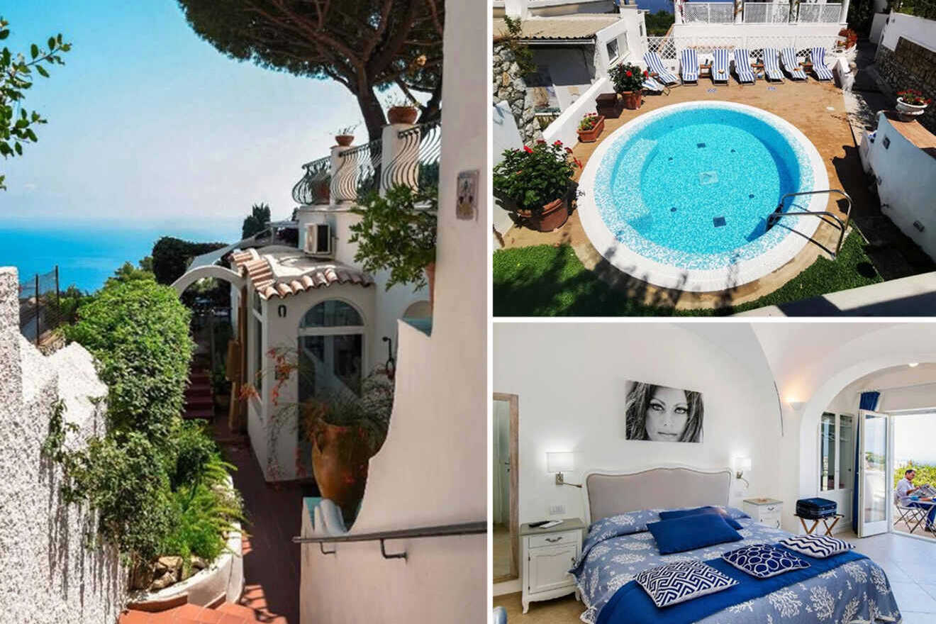 Hotels collage of 3 pictures: a coastal villa with white architecture, featuring a view of the sea, a circular swimming pool surrounded by white lounge chairs, and a bedroom with a large bed and blue decor.