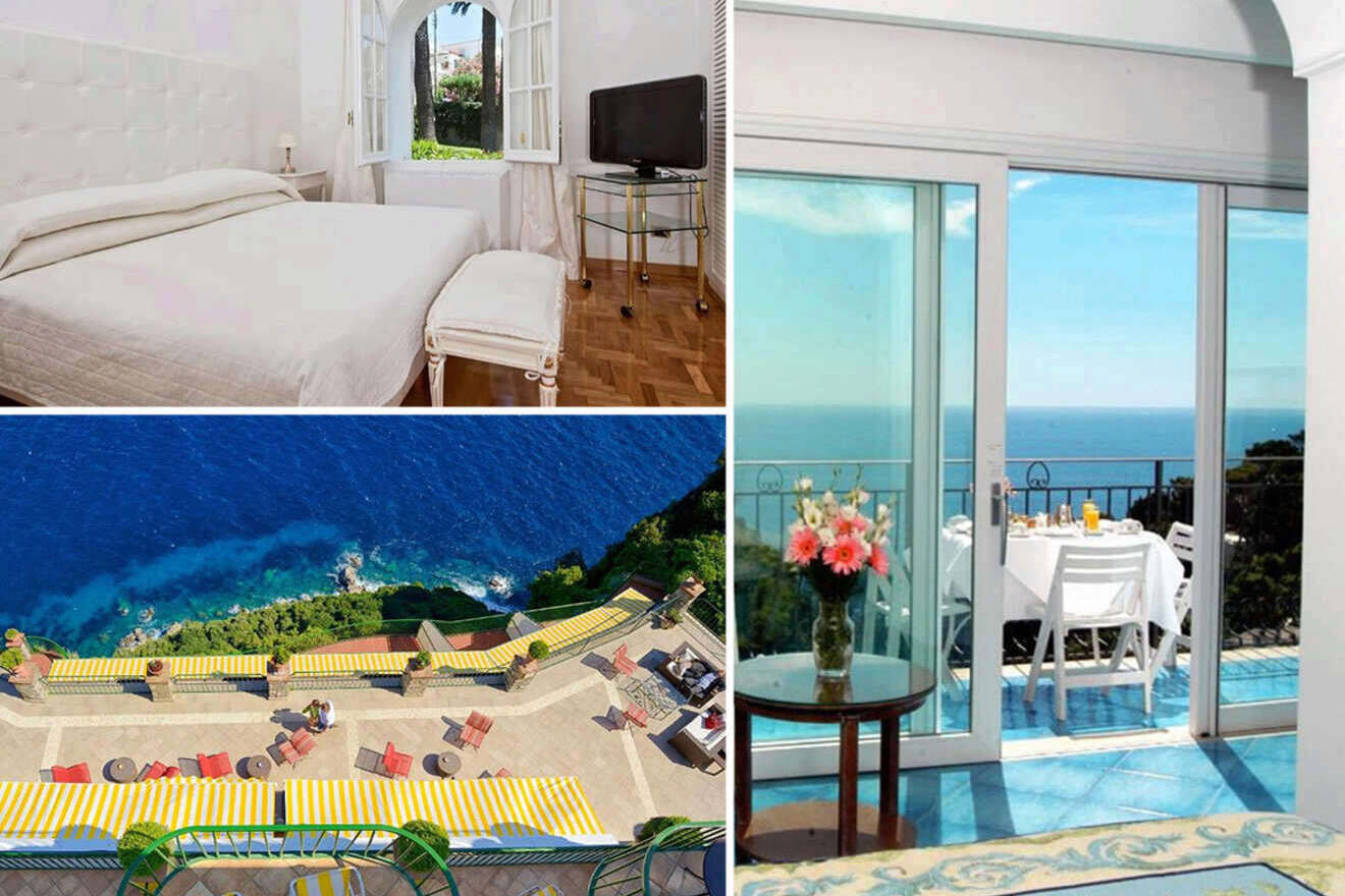 Hotels collage of 3 pictures: a bedroom with a window and TV, a seating area with a sea view, and an aerial view of a terrace overlooking a coastline.