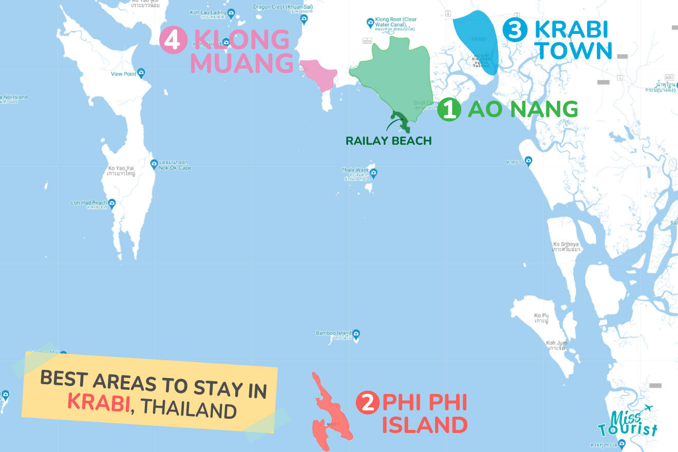 Map of best places to stay Krabi