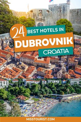 Promotional graphic titled '24 Best Hotels in Dubrovnik, Croatia' with an aerial view of Dubrovnik's old town and beach