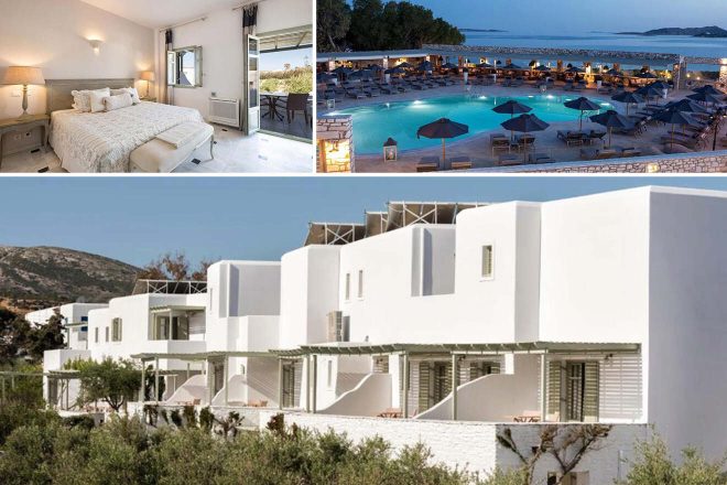 Collage of 3 pics of luxury hotel: a bedroom with double beds, a poolside with loungers and umbrellas, and the exterior view of a white building with balconies set against a hillside.