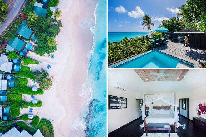 Collage of a Keyonna Beach Resort featuring an aerial beach view, an infinity pool overlooking the ocean, and a bright bedroom with a four-poster bed, showcasing the resort's luxury and scenic surroundings