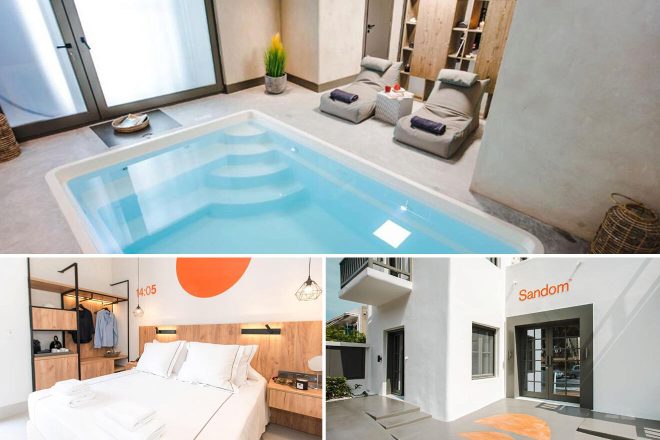 Collage of 3 pics of luxury hotel: шndoor pool area with two loungers, modern bedroom with double bed, and exterior view of a building entrance labeled "Sandomi.