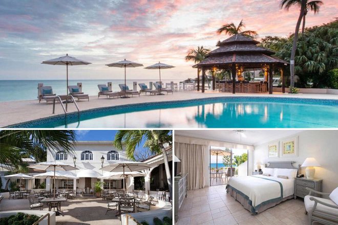 Collage of Blue Waters Resort and Spa amenities featuring a tranquil infinity pool overlooking the ocean at sunset, an outdoor dining area under white umbrellas, and a cozy beachfront bedroom with a balcony view of the sea