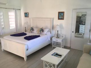 Spacious and bright bedroom with a large white bed, blue accents, and minimalist decor, showcasing a serene and uncluttered space