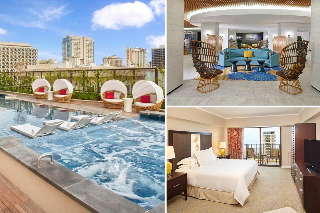 Collage of a hotel pool area with lounge chairs and city view, a modern lounge with wicker chairs, and a bedroom with a king-size bed and cityscape outside.