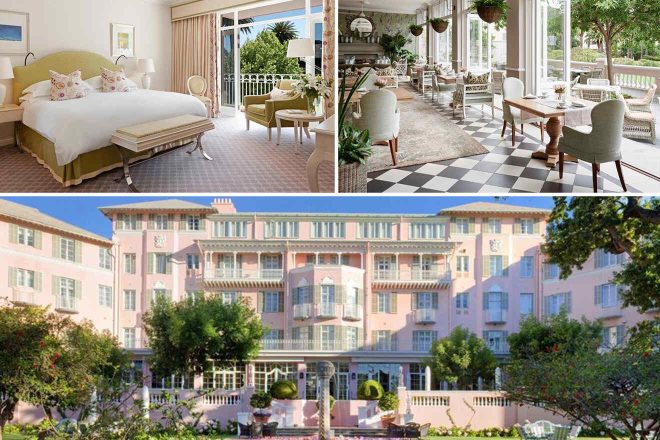 Collage of 3 pics of luxury stay in Cape Town: a spacious bedroom with a balcony, an elegant dining area with large windows, and a view of the grand exterior facade of the building surrounded by greenery.