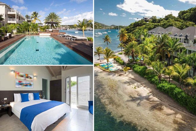 Collage of a luxurious South Point Antigua resort: a spacious pool deck with modern loungers, a cozy bedroom with ocean views, and a tranquil beachfront lined with palms