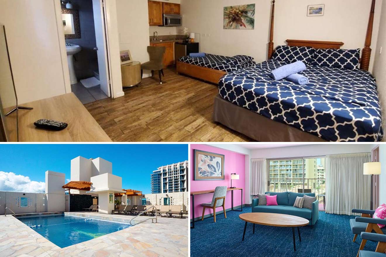 Three images: The first shows a hotel room with two beds, a TV, and a kitchenette. The second features an outdoor pool with lounge chairs and buildings in the background. The third shows a living area with seating and a view.