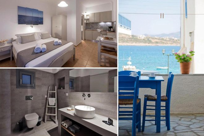 Collage of 3 pics of luxury hotel: a modern coastal apartment with a bedroom and kitchenette, a bathroom with a vessel sink, and an outdoor dining area with blue chairs overlooking the ocean.