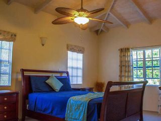 Cozy bedroom with a dark wood sleigh bed, blue bedding, a ceiling fan, and natural light coming through a large window