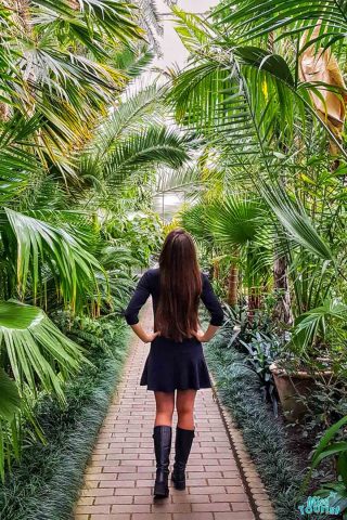 Yulia, the founder of this website, with long hair walks on a brick pathway surrounded by lush green tropical plants in a conservatory.