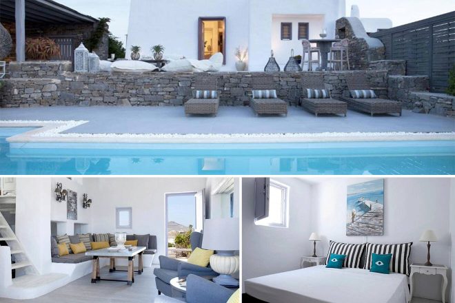 Collage of 3 pics of luxury hotel: outdoor patio with pool, wicker loungers, and seating area, indoor views include a cozy living room with grey furniture and a bedroom with a double bed and nautical-themed decor in a white room.