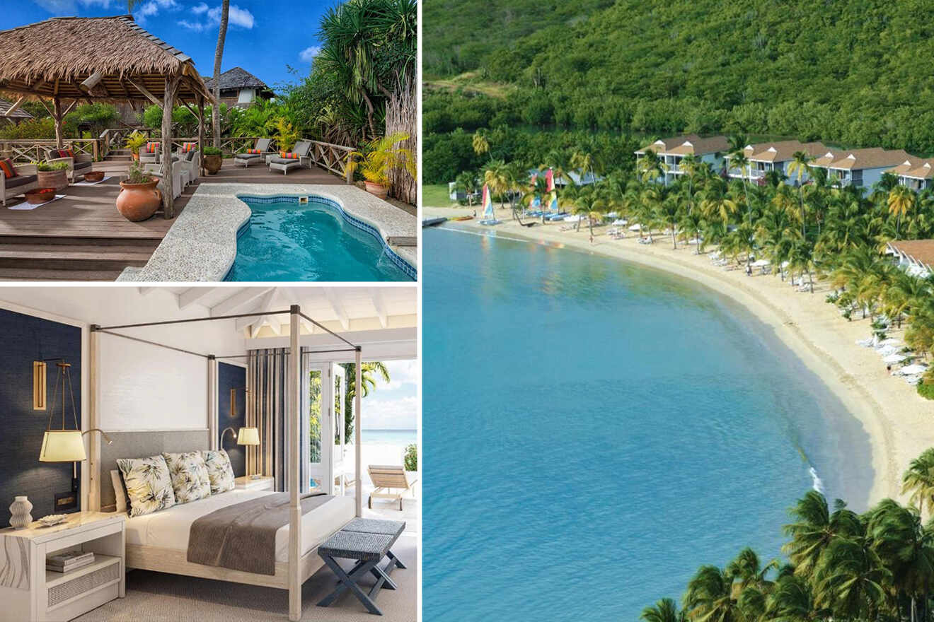 A collage of luxury accommodations in Antigua featuring a rustic poolside gazebo, a stylish beachfront room, and an aerial view of a tropical beach lined with palm trees and beachfront villas