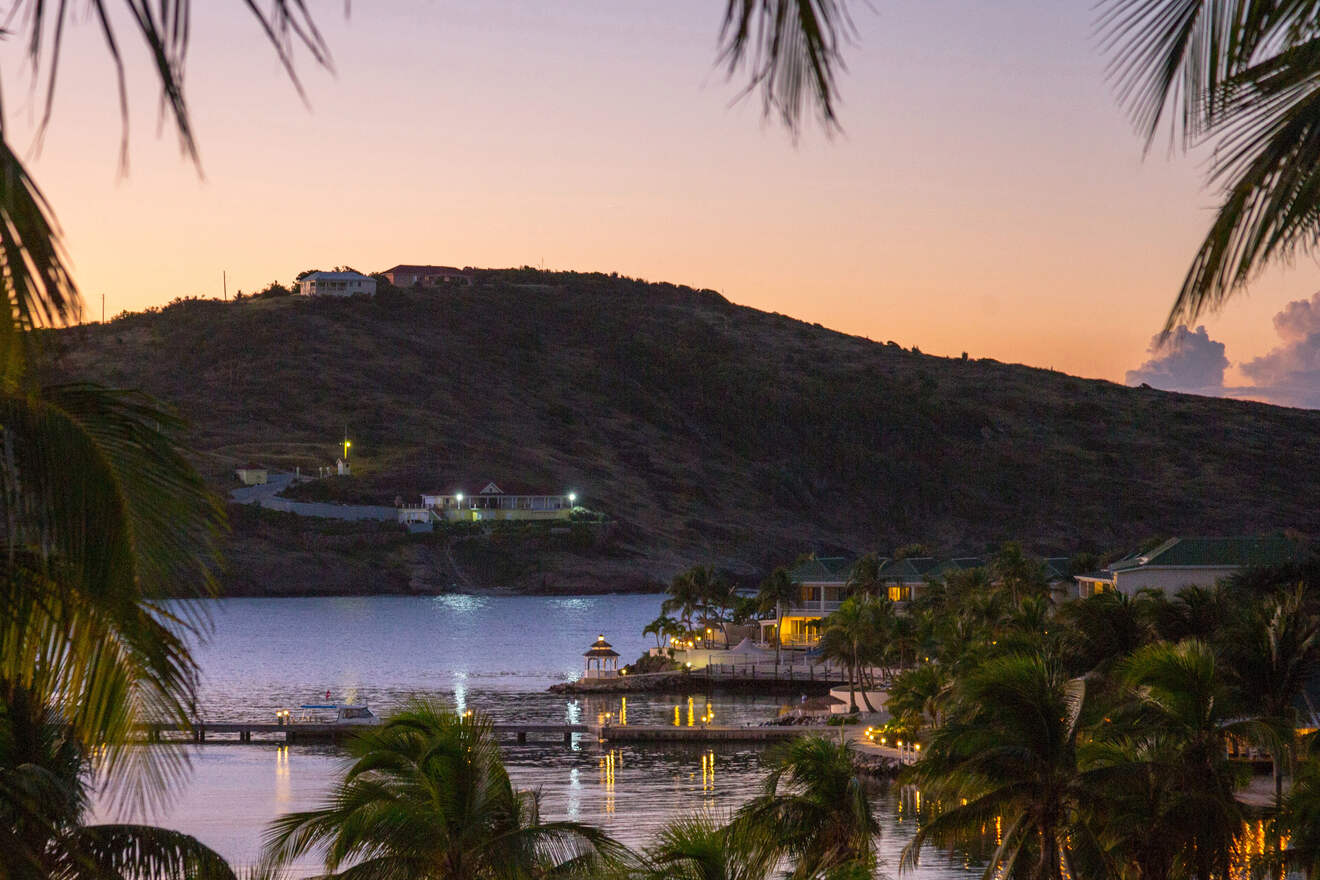 Twilight view of a tranquil bay with palm-fringed shores and hillside homes, reflecting in the calm waters under a pastel-colored sky