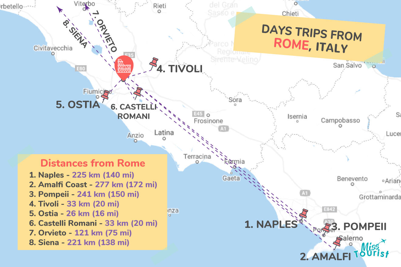 Map of best Day trips from Rome