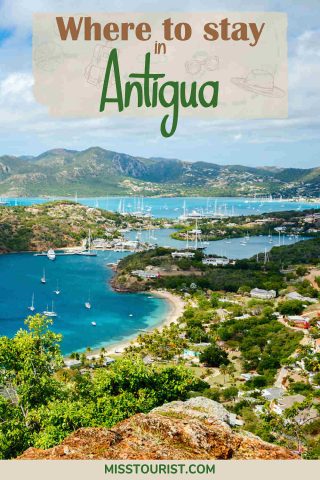Travel guide banner for Antigua showing a panoramic view of a vibrant harbor with boats, surrounded by lush hills and clear waters, with the text 'Where to stay in Antigua