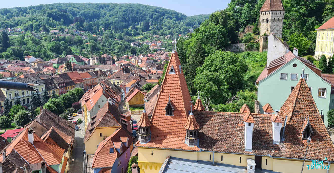 Aerial view of a historic town with red-tiled roofs, colorful houses, and a forested hillside in the background.