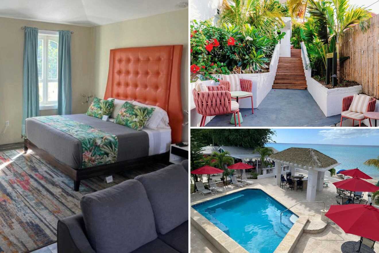 Collage of three photos: bedroom, exterior and outdoor pool