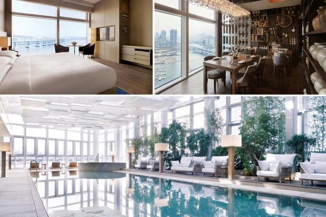 A collage of three hotel photos to stay in Busan: a spacious room with a bed facing large windows overlooking a river, a dining area with a city view through floor-to-ceiling windows, and an indoor pool area with abundant natural light and greenery.