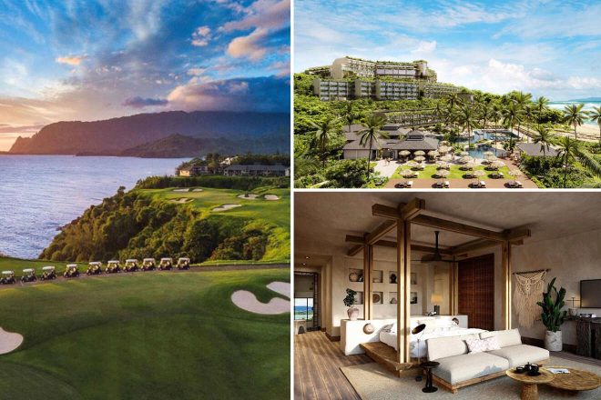 Collage of 3 pics of luxury stay in Kauai: a coastal golf course at sunset, a luxury resort surrounded by palm trees, and a modern hotel room with wooden accents.