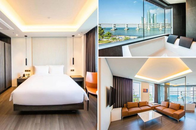 A collage of three hotel photos to stay in Busan: a modern bedroom with soft lighting and a view of a bridge, a corner with a bathtub and panoramic window view of the water and city, and a living area with comfortable seating and a cityscape backdrop.