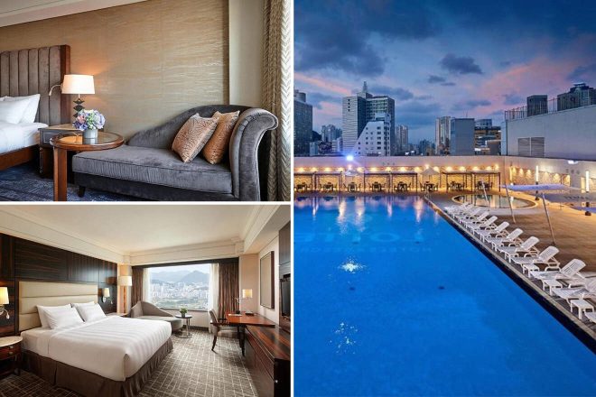 A collage of three hotel photos to stay in Busan: an elegantly decorated room with a chaise lounge, a rooftop pool with city views at dusk, and a stylish bedroom with a cityscape view through large windows.